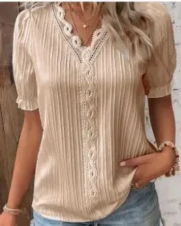 Women Fashion Solid Color Blouses Shirts Casual V-Neck Short Sleeve Elegant Blouses Tops Ladies Summer Classics Basic White Tops