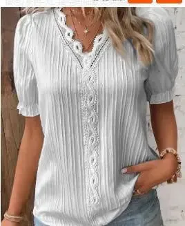 Women Fashion Solid Color Blouses Shirts Casual V-Neck Short Sleeve Elegant Blouses Tops Ladies Summer Classics Basic White Tops