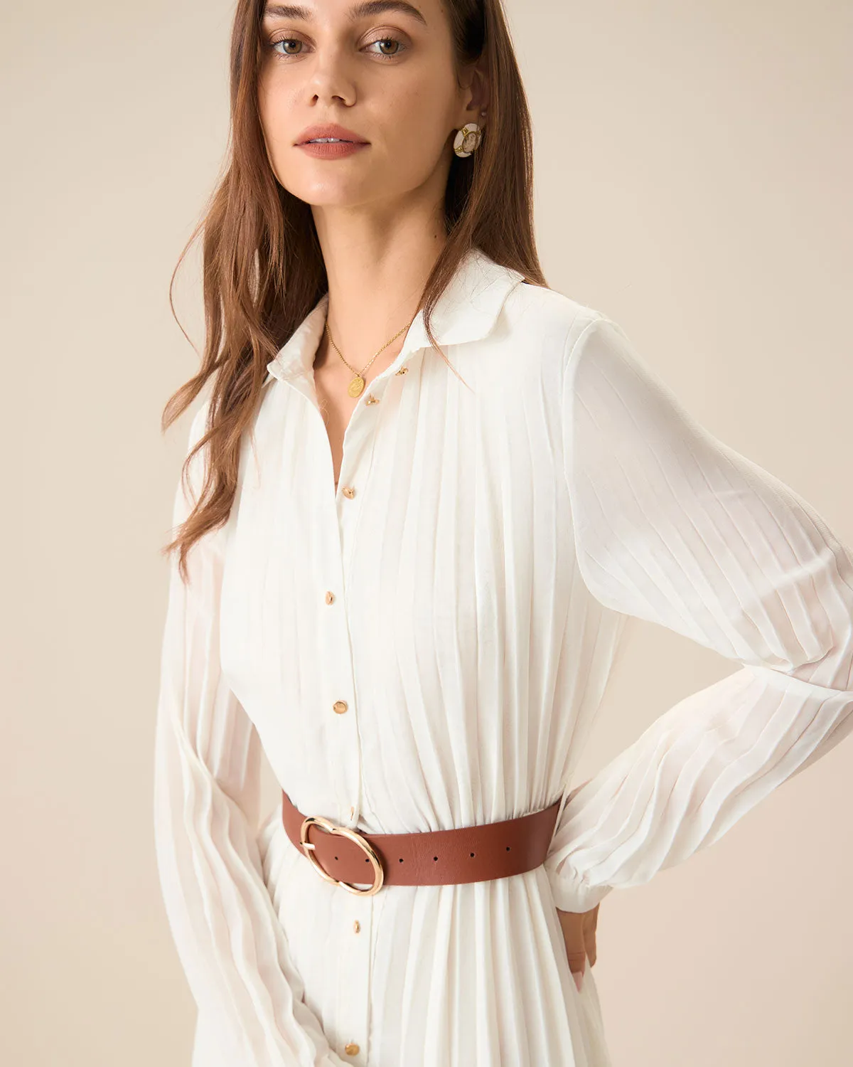 Women's White Chiffon Belted Midi Dress