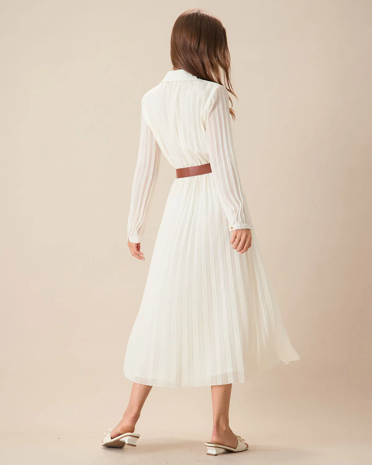 Women's White Chiffon Belted Midi Dress