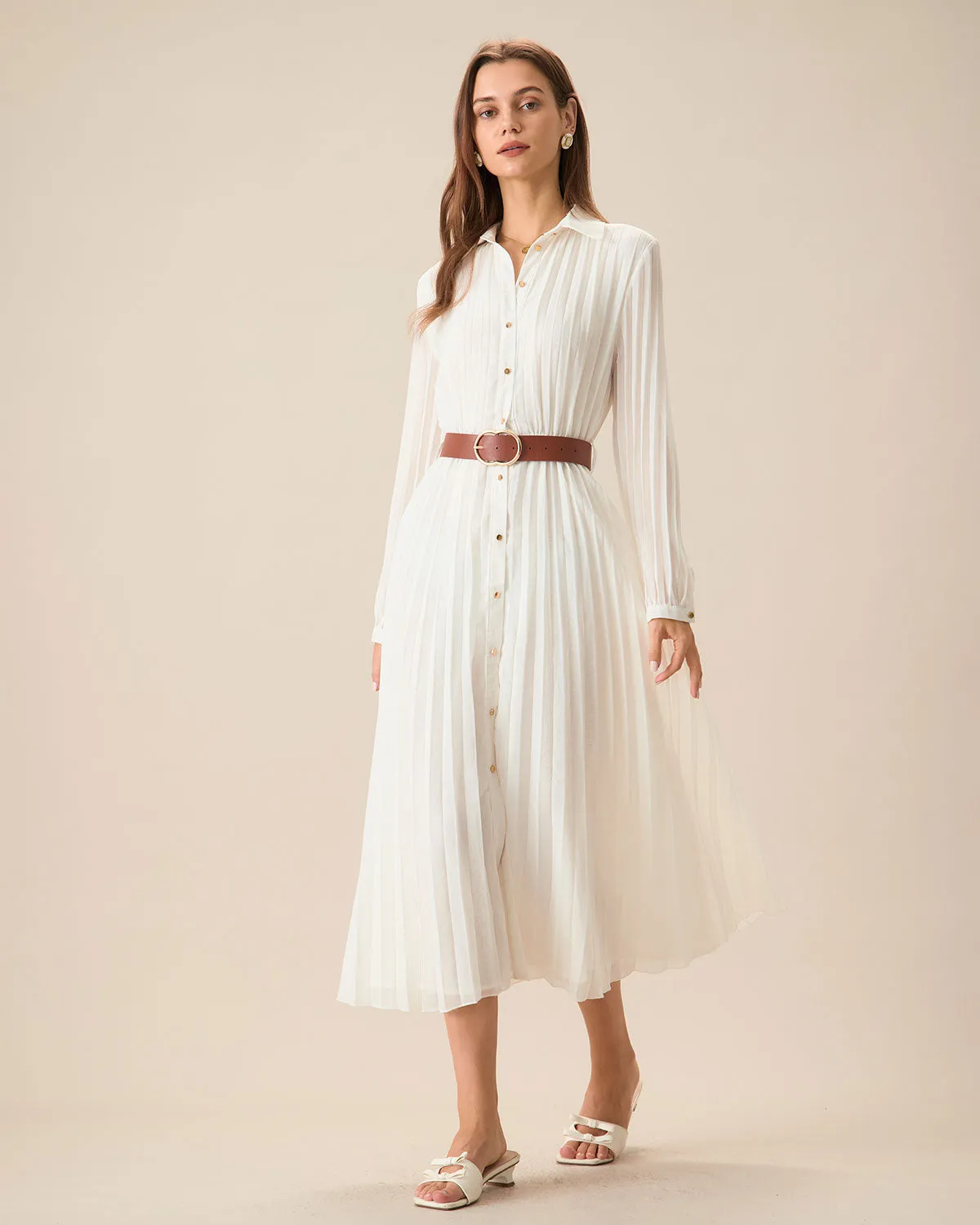 Women's White Chiffon Belted Midi Dress