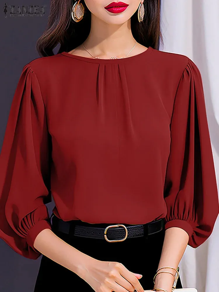 ZANZEA Women Elegant 3/4 Lantern Sleeve Solid Blouse Casual Office Work Tops Female Loose Party Blusas 2024 Fashion Summer Shirt