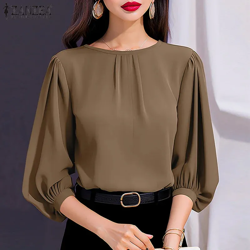 ZANZEA Women Elegant 3/4 Lantern Sleeve Solid Blouse Casual Office Work Tops Female Loose Party Blusas 2024 Fashion Summer Shirt