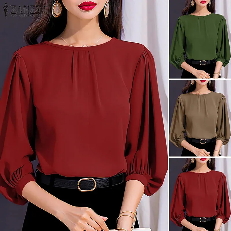 ZANZEA Women Elegant 3/4 Lantern Sleeve Solid Blouse Casual Office Work Tops Female Loose Party Blusas 2024 Fashion Summer Shirt