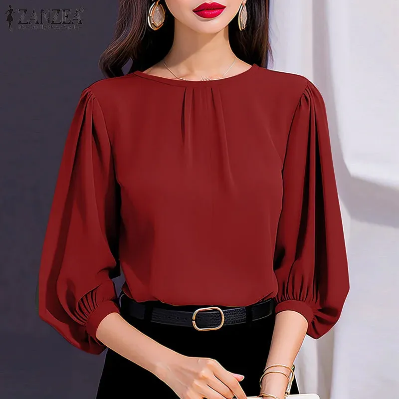 ZANZEA Women Elegant 3/4 Lantern Sleeve Solid Blouse Casual Office Work Tops Female Loose Party Blusas 2024 Fashion Summer Shirt