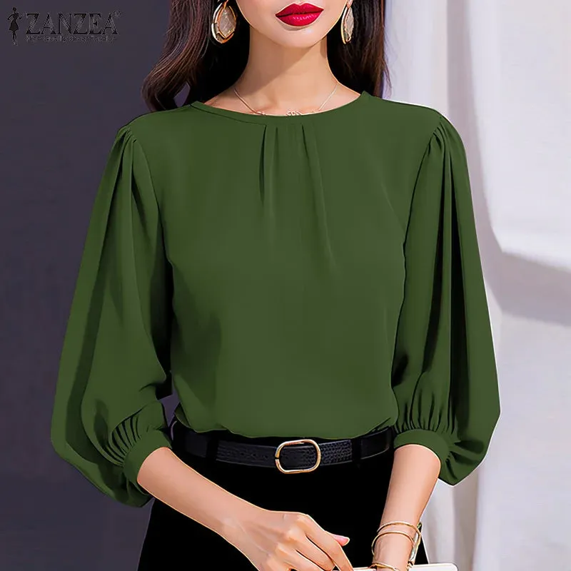 ZANZEA Women Elegant 3/4 Lantern Sleeve Solid Blouse Casual Office Work Tops Female Loose Party Blusas 2024 Fashion Summer Shirt